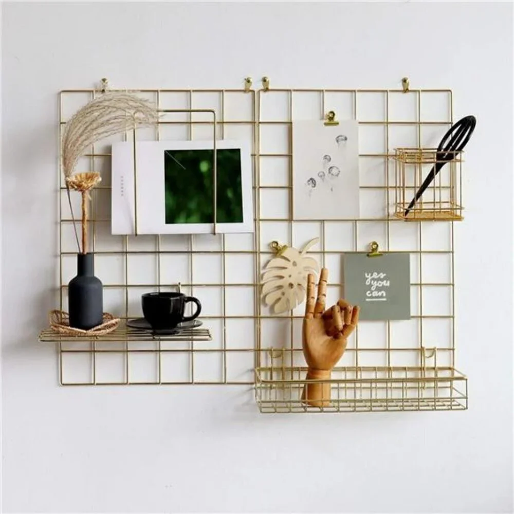 Gold Wall Grid Panel Set Photo Display Organizer with Hooks Clips 2 Pack